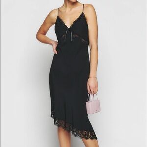 Reformation Melania Black silk Lace Trim Midi Dress NWOT